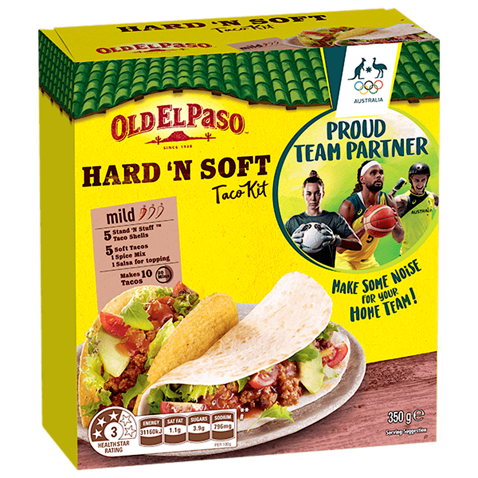 a pack of Old El Paso's hard & soft taco kit mild containing taco shells, soft tacos, spice mix & salsa for topping (350g)
